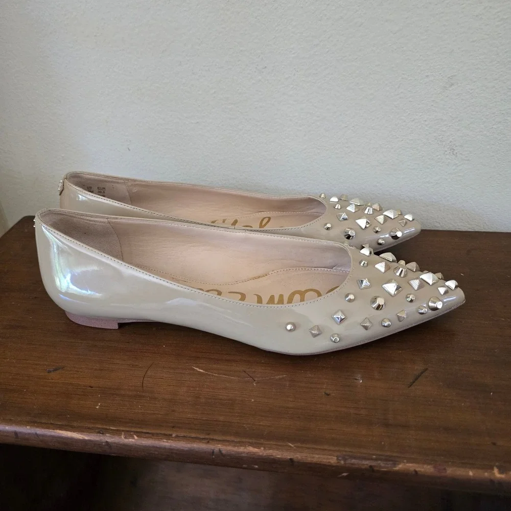 Sam Edelman‎ Savana Beige Patent Studded Pointed Toe Flats Shoes 9.5M